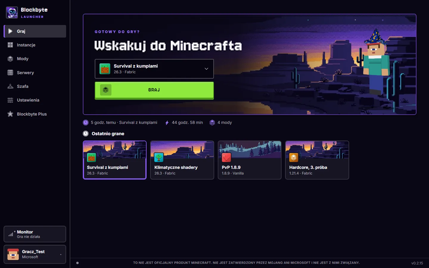 Ekran startowy Blockbyte Launcher z postacią gracza w 3D